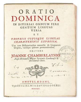LORDS PRAYER.  Chamberlayne, John, editor. Oratio Dominica in diversas omnium fere gentium linguas versa.  1715